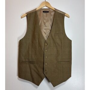 Hisdern Mens Plaid Suit Vest Olive Green Tan Windowpane Waistcoat Size L Large